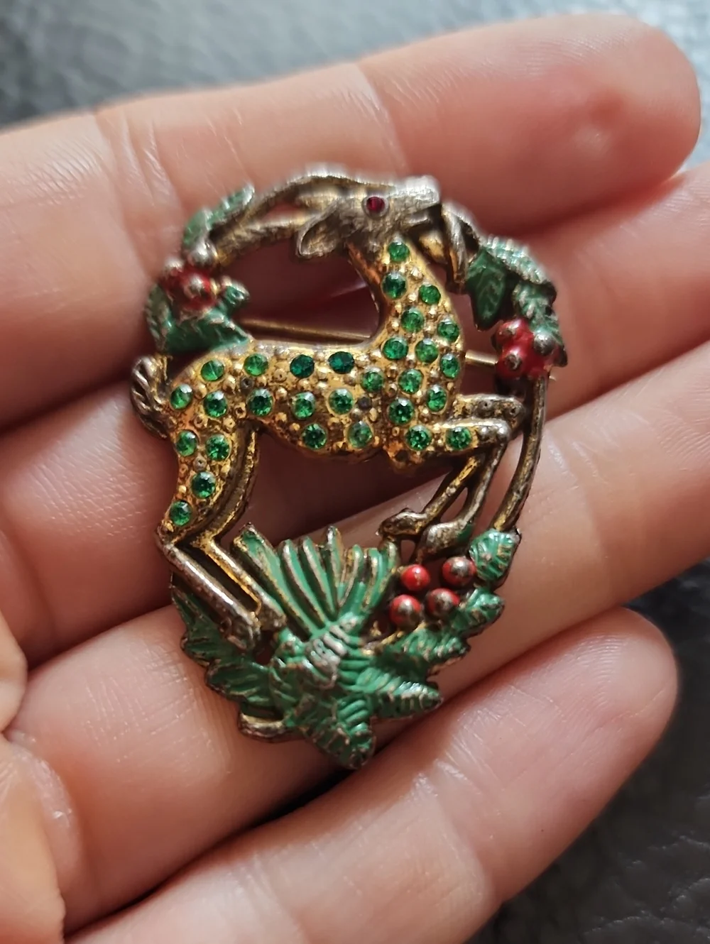 Vintage Green Crystal Reindeer Brooch